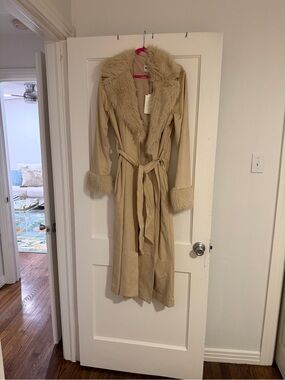 Show Me Your MuMu Long Faux Fur Trim Beige Trench Coat